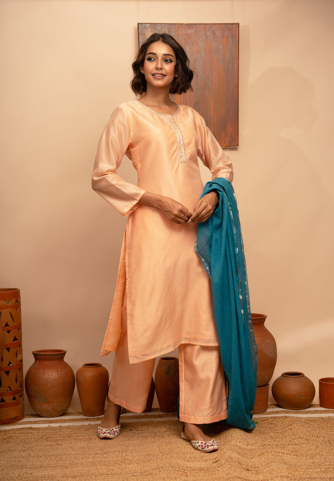 Women’s Peach Chanderi Zardozi Suit Set - Arya collection