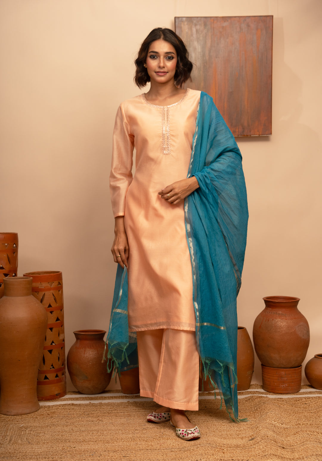 Women’s Peach Chanderi Hand-Embroidered Zardozi Suit Set - Arya collection