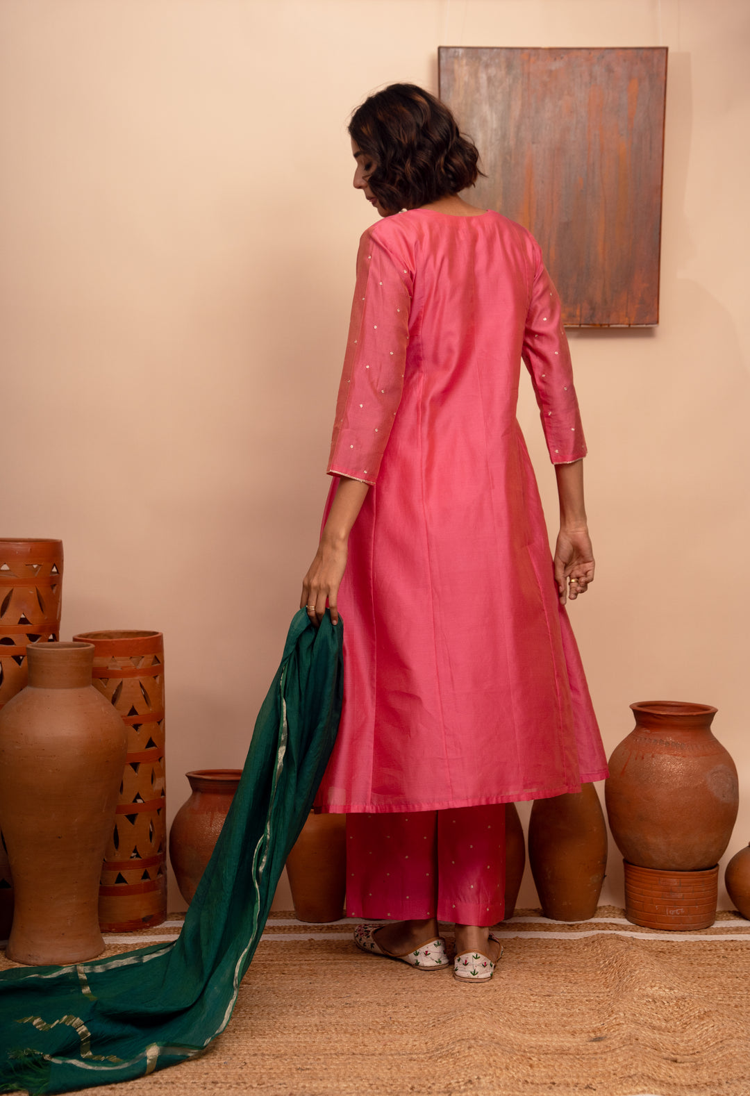 Women’s Pink Chanderi Hand-Embroidered Pitta Work A-Line Kurta Set.