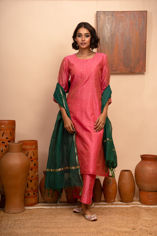 Women’s Pink Chanderi Hand-Embroidered Pitta Work A-Line Kurta Set.