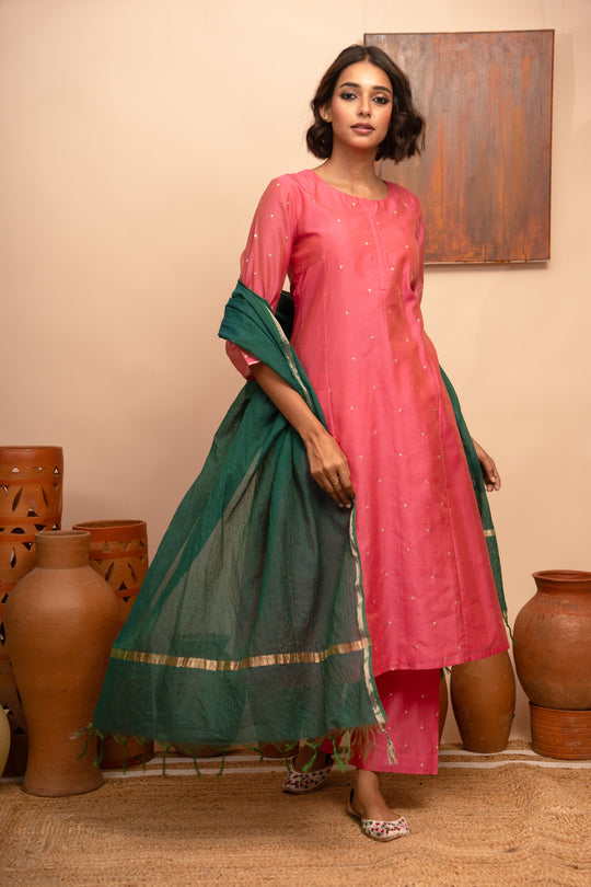 Women’s Pink Chanderi Hand-Embroidered Pitta Work A-Line Kurta Set.