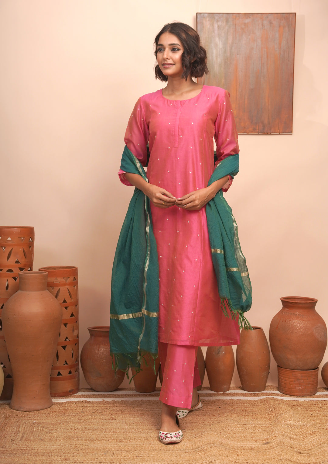 Women’s Pink Chanderi Hand-Embroidered Pitta Work A-Line Kurta Set.