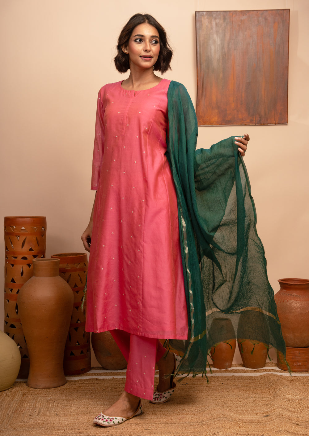 Women’s Pink Chanderi Hand-Embroidered Pitta Work A-Line Kurta Set.