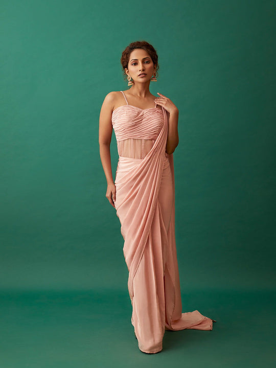 Dusty Pink Pre-draped Saree and Corset Blouse - Cult91