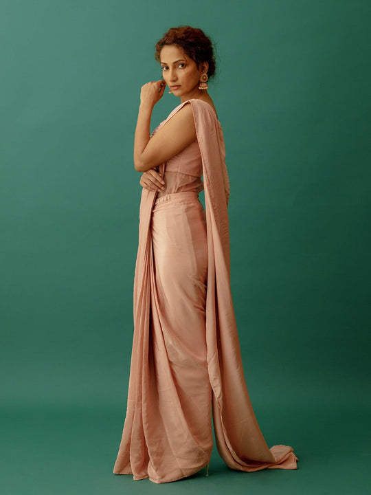Dusty Pink Pre-draped Saree and Corset Blouse - Cult91