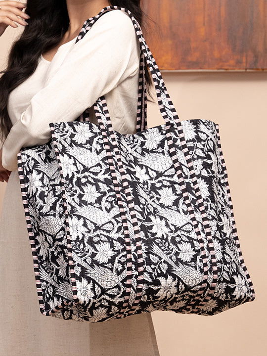 Ebony Floral Printed Quilted  Tote Bag with Inner Pocket - Cult91