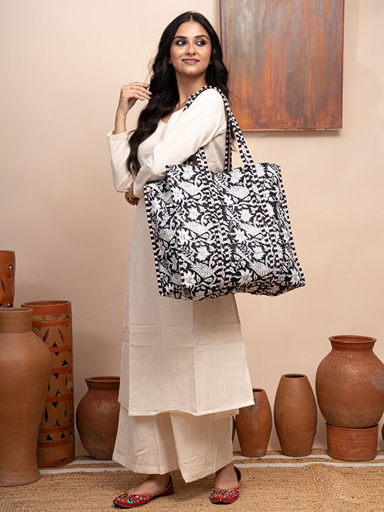 Ebony Floral Printed Quilted  Tote Bag with Inner Pocket - Cult91