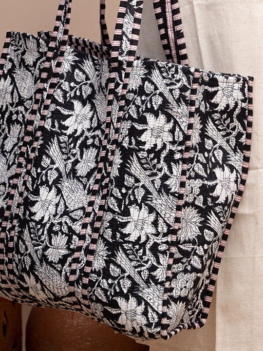 Ebony Floral Printed Quilted  Tote Bag with Inner Pocket - Cult91