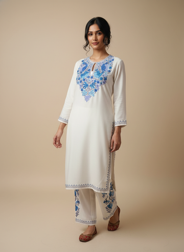 White Aari Embroidered Co-ord Set with Blue Floral Motifs