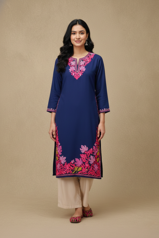Midnight Blue Cotton Kurti with Pink Crewel Embroidery