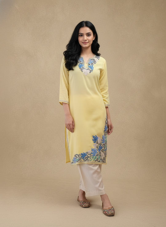 Lime Yellow Cotton Kurti With Floral Embroidery