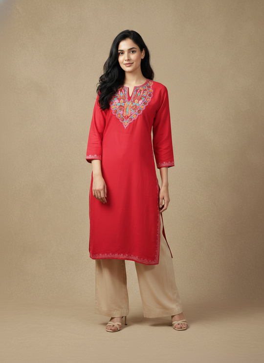 Crimson Red Cotton Kurti with Green Crewel Embroidery