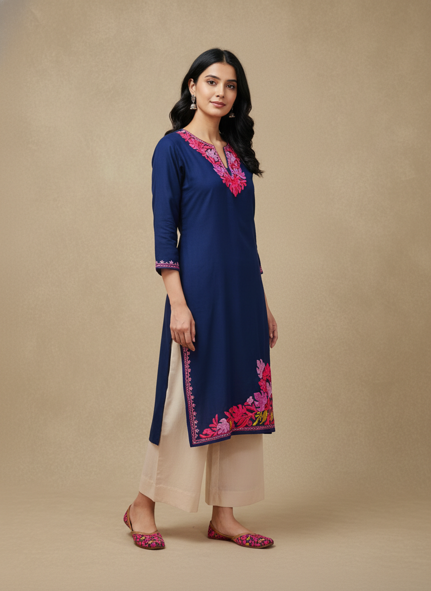 Midnight Blue Cotton Kurti with Pink Crewel Embroidery