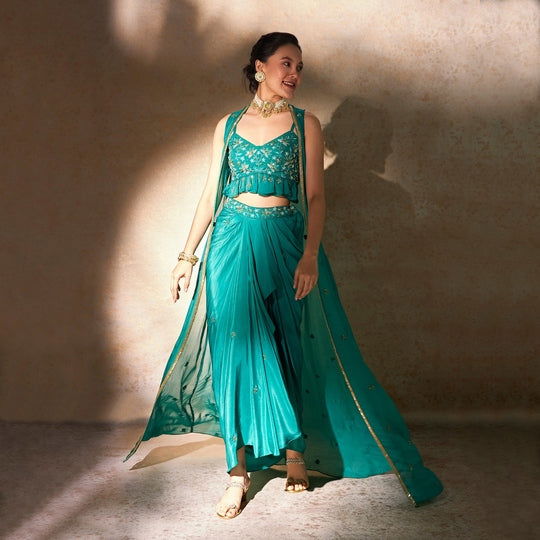 Green Organza Jacket And Draped Skirt Set - Cult91