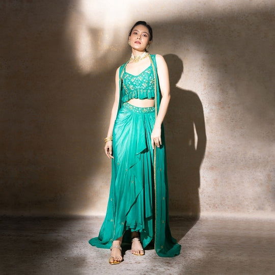 Green Organza Jacket And Draped Skirt Set - Cult91