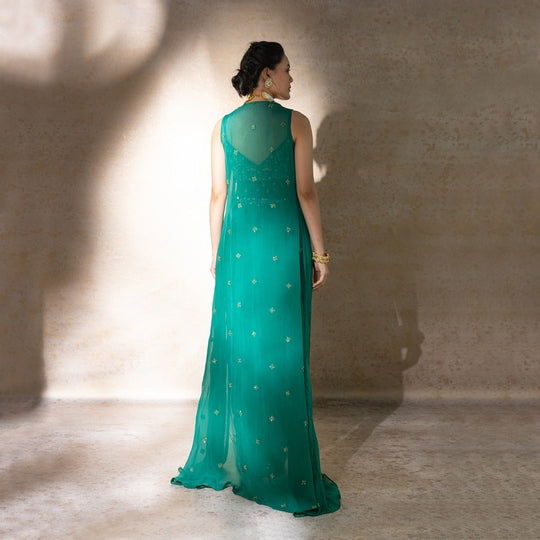 Green Organza Jacket And Draped Skirt Set - Cult91