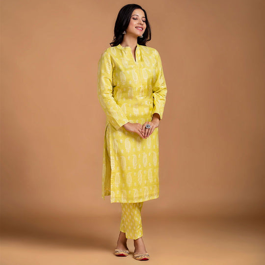 Lemon Floral Viscose Muslin Kurta with Straight Pants - Cult91