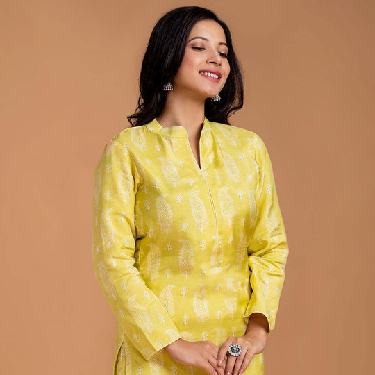 Lemon Floral Viscose Muslin Kurta with Straight Pants - Cult91