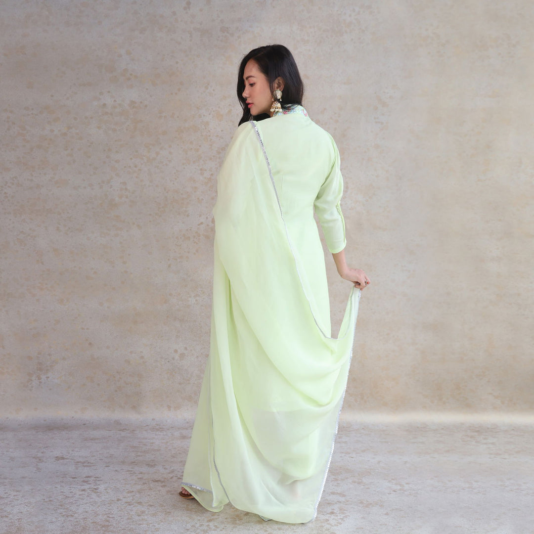Lime Green Viscose Muslin Suit With Viscose Organza Dupatta - Cult91