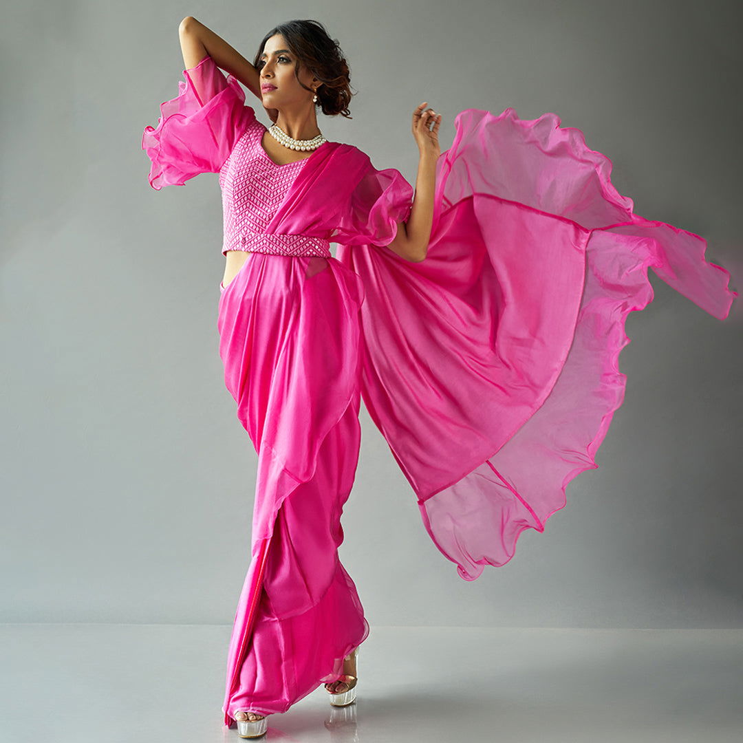 Magenta Solid Ruffled Sari Set - Cult91