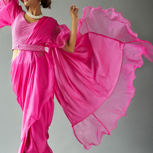 Magenta Solid Ruffled Sari Set - Cult91