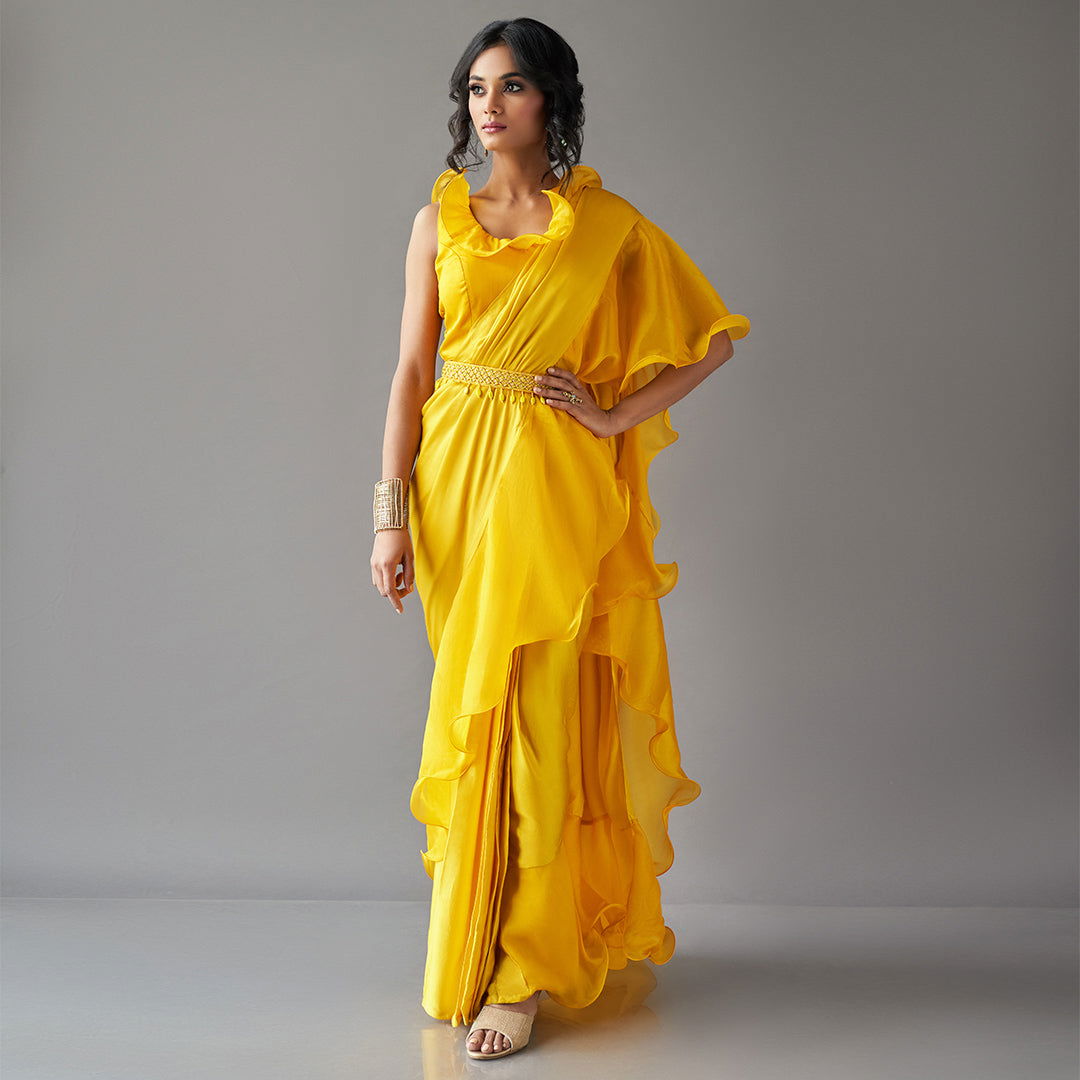 Mustard Solid Ruffled Sari Set - Cult91