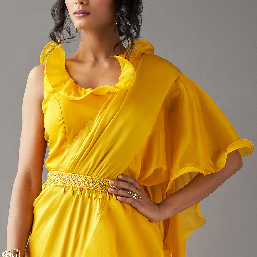 Mustard Solid Ruffled Sari Set - Cult91