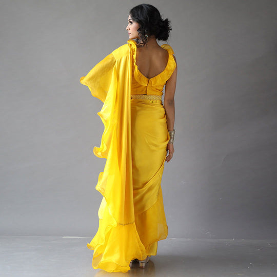 Mustard Solid Ruffled Sari Set - Cult91