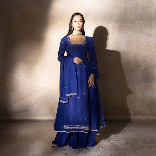 Navy Blue Double Layered Anarkali With Flared Palazzo - Cult91
