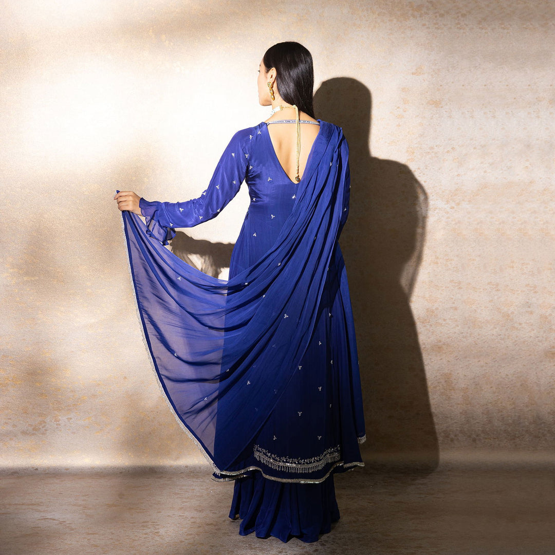 Navy Blue Double Layered Anarkali With Flared Palazzo - Cult91