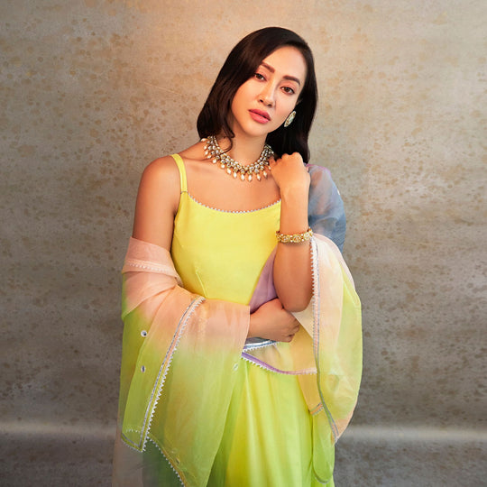 Neon Green Chiffon Anarkali Suit with Net Dupatta - Cult91