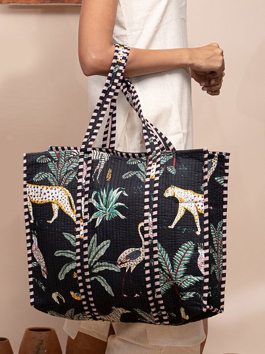 Noir Printed Quilted  Tote Bag with Inner Pocket - Cult91