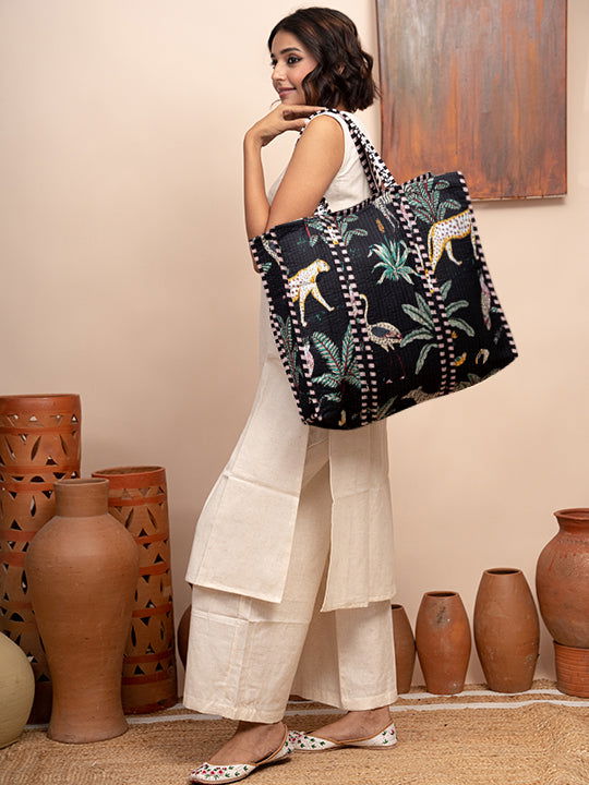 Noir Printed Quilted  Tote Bag with Inner Pocket - Cult91
