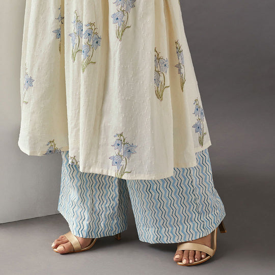 Off-White Floral Dobby Cotton Kurta with Striped Pants - Cult91