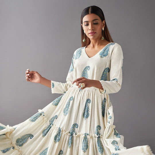 Off-White Paisley Printed Dobby Cotton Flared Dress - Cult91