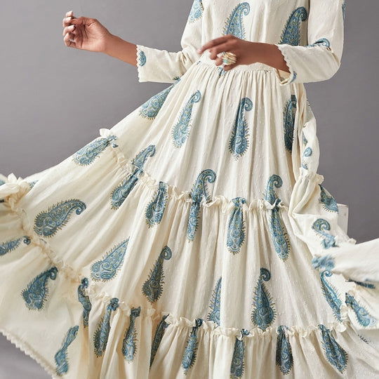 Off-White Paisley Printed Dobby Cotton Flared Dress - Cult91