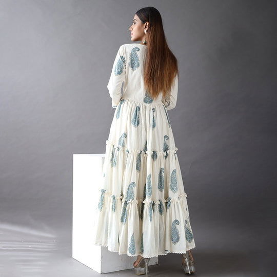 Off-White Paisley Printed Dobby Cotton Flared Dress - Cult91
