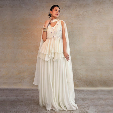 Off-white Peplum Top with Palazzo and Choker Dupatta - Cult91