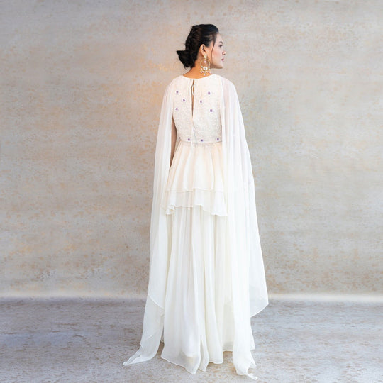 Off-white Peplum Top with Palazzo and Choker Dupatta - Cult91