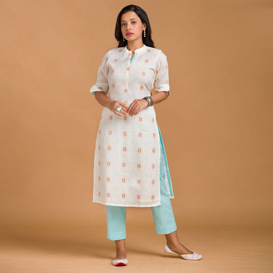 Off White Cotton Kurti with Straight Pants - Cult91