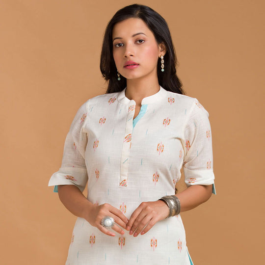 Off White Cotton Kurti with Straight Pants - Cult91