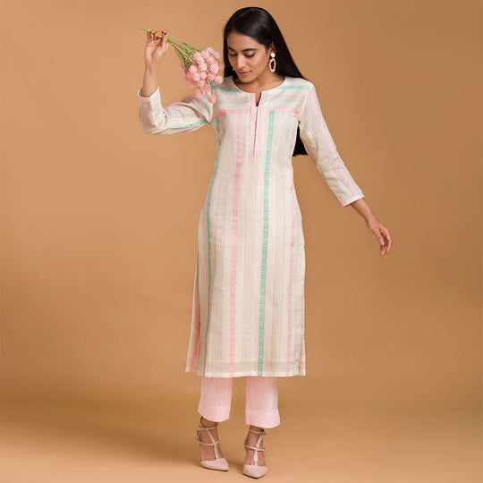 Off White Striped Cotton Kurta with Baby Pink Straight Pants - Cult91