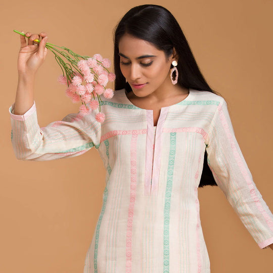 Off White Striped Cotton Kurta with Baby Pink Straight Pants - Cult91
