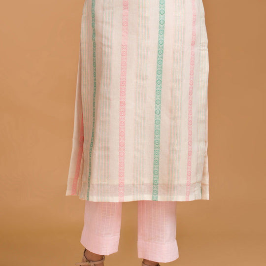 Off White Striped Cotton Kurta with Baby Pink Straight Pants - Cult91