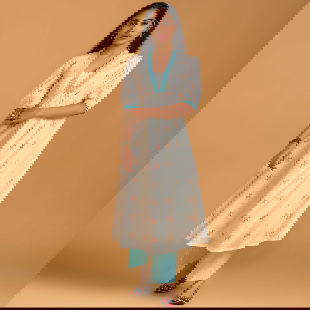 Off White Woven Cotton Kurta with Straight Pants - Cult91
