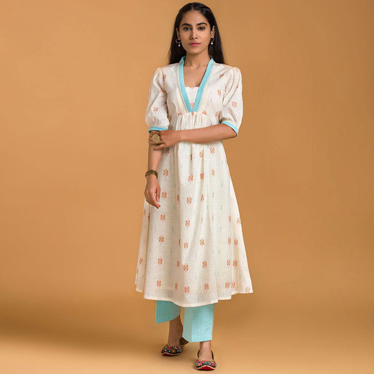 Off White Woven Cotton Kurta with Straight Pants - Cult91