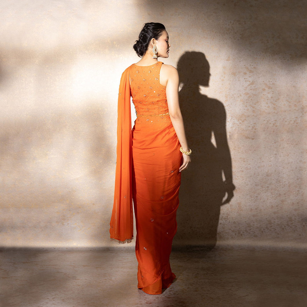 Orange Fixed Draped Sari Set - Cult91