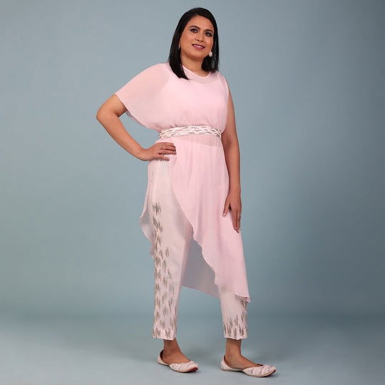 Pale Pink Cape Dress With Fitted Upada Silk Pant And Crop Top - Cult91
