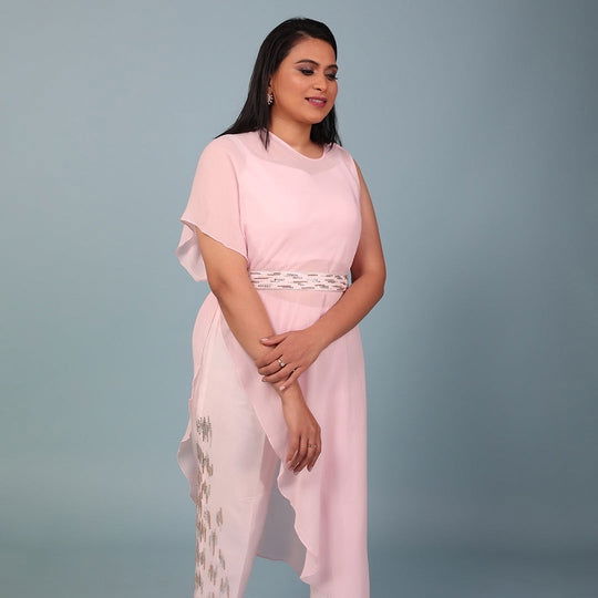 Pale Pink Cape Dress With Fitted Upada Silk Pant And Crop Top - Cult91