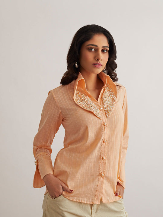 Peach Shirt with Pearl Embellished Collar - Cult91